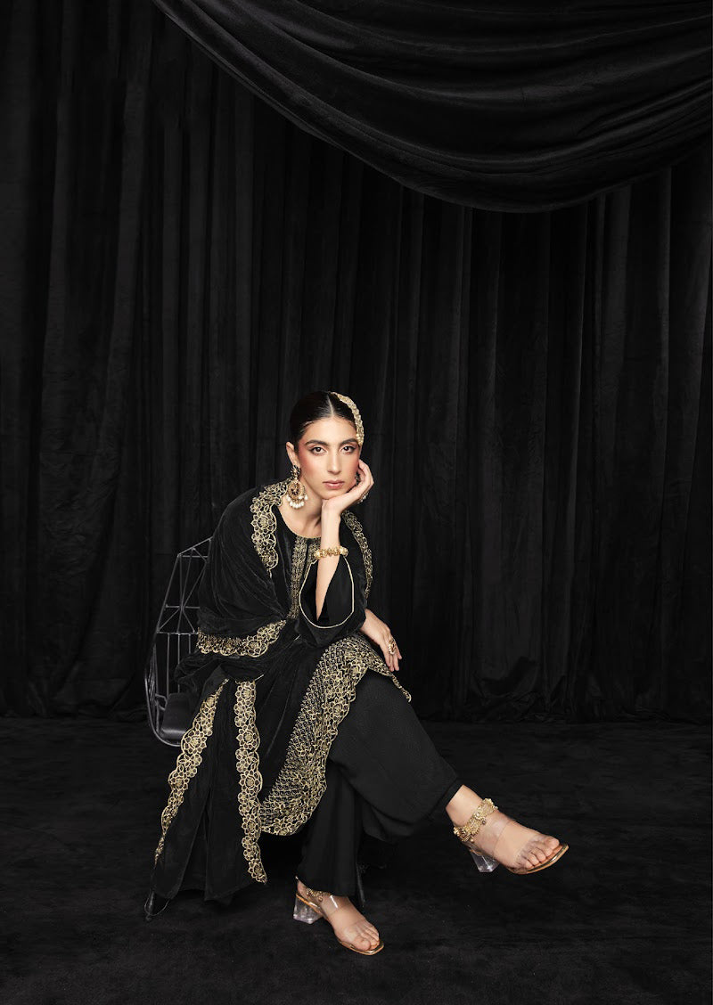 Pure Soft Velvet with Heavy Embroidery Black Unstitched Winter Suit - Stilento