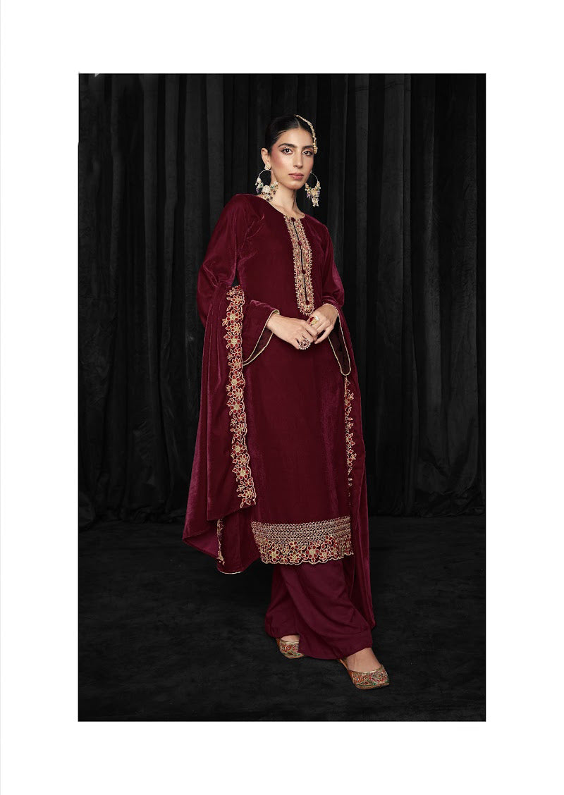 Pure Soft Velvet with Heavy Embroidery Maroon Unstitched Winter Suit - Stilento