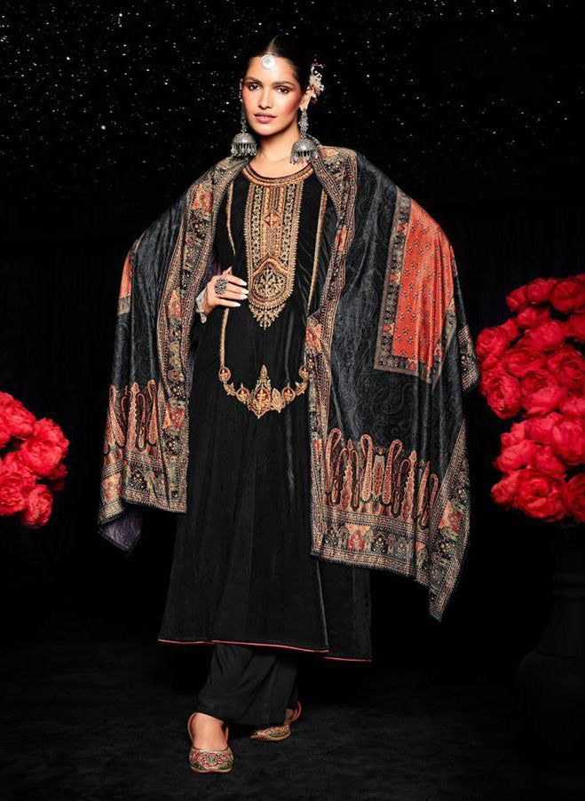 Mumtaz Arts Pure Velvet Women Winter Suits Black - Stilento