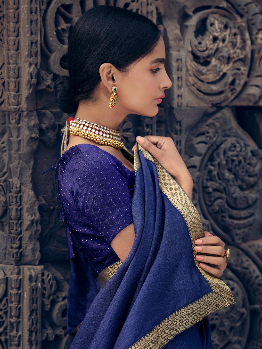 Vichitra Silk Woman Blue Saree With Heavy Lace and Blouse