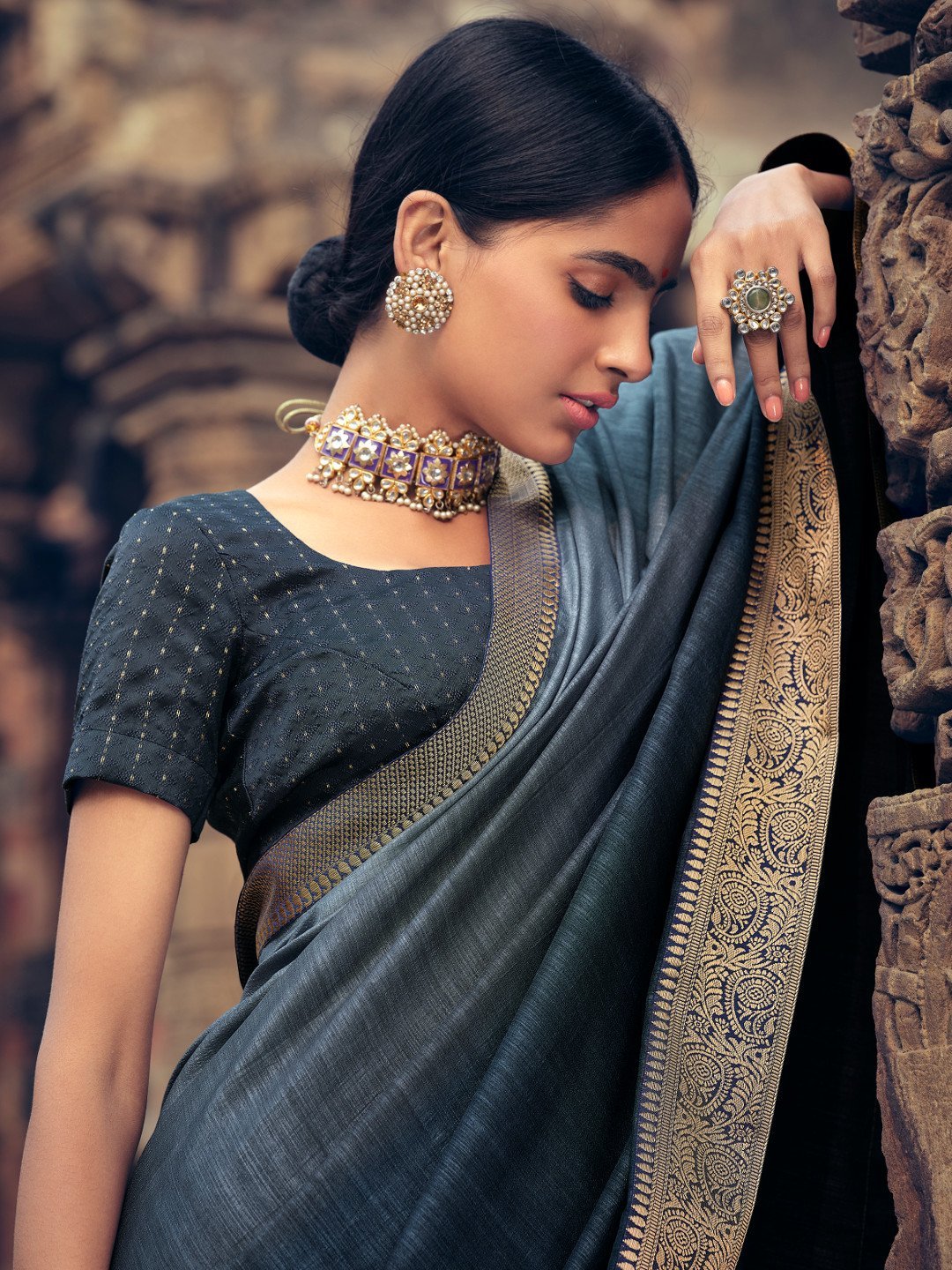 Vichitra Silk Woman Grey Saree With Heavy Lace and Blouse