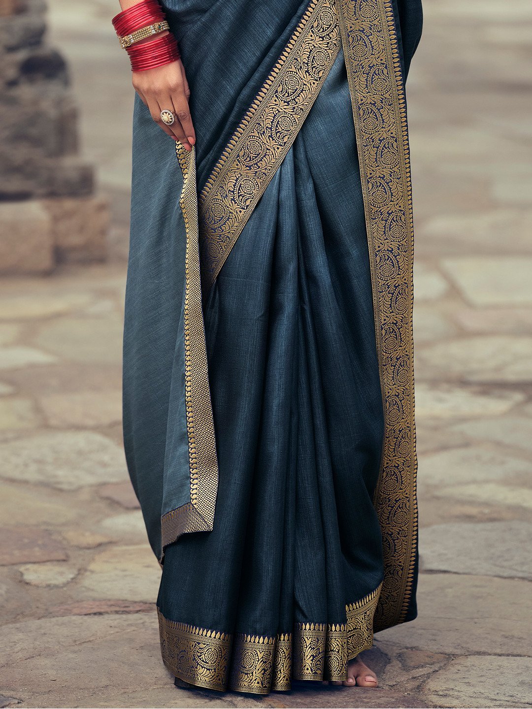 Vichitra Silk Woman Grey Saree With Heavy Lace and Blouse