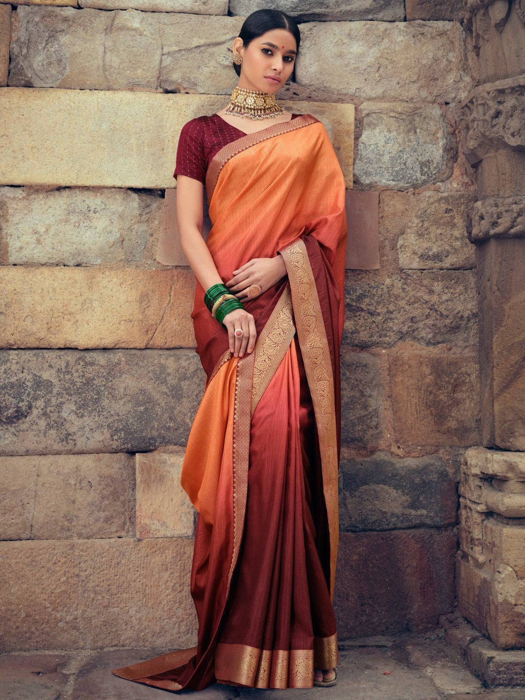 Vichitra Silk Woman Orange Saree With Heavy Lace and Blouse