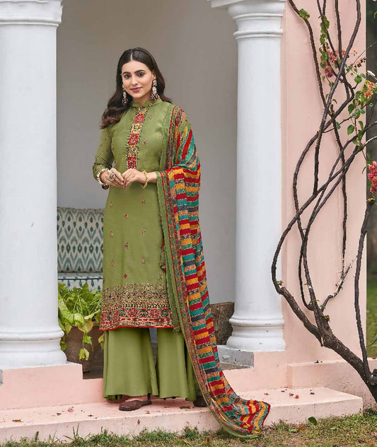 Viscose Silk Party Wear Green Unstitched Suits Dress Material