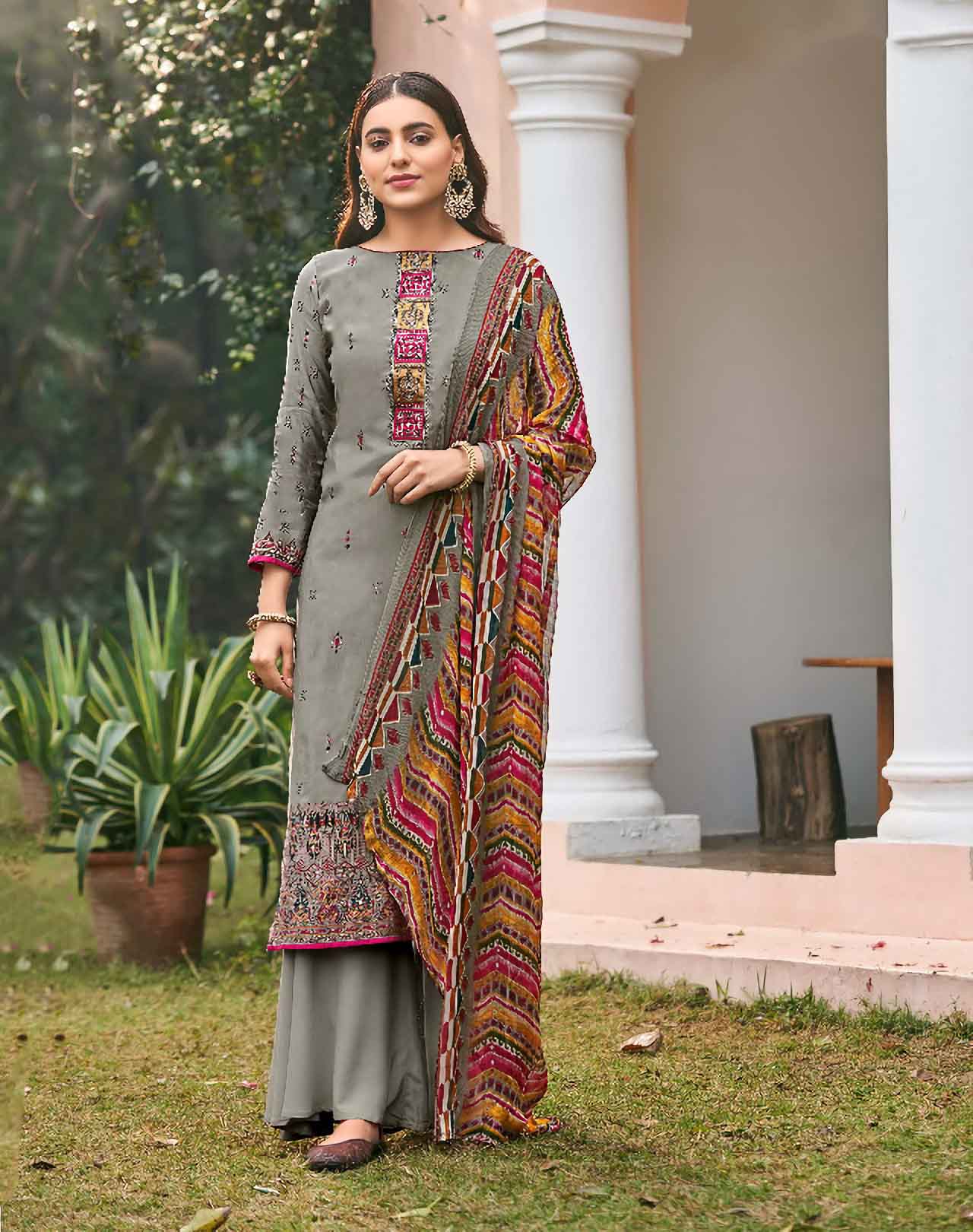 Viscose Silk Party Wear Grey Unstitched Suits Dress Material - Stilento