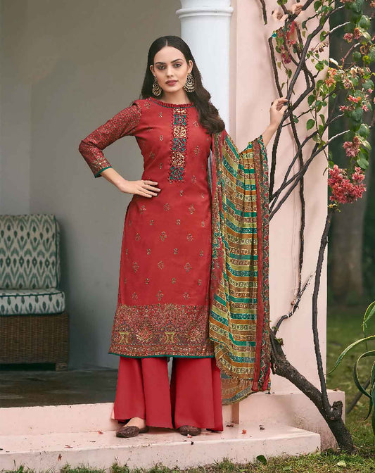 Viscose Silk Party Wear Red Unstitched Suits Dress Material