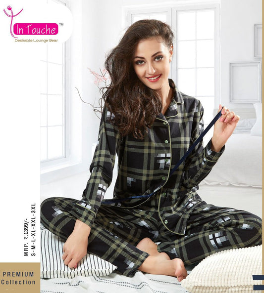 Winter Full Sleeve Green Cotton nightwear set for ladies - Stilento