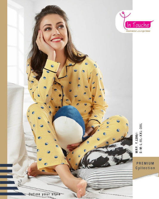 Winter Full Sleeve Yellow Night Suit Pyjama Set for Ladies - Stilento