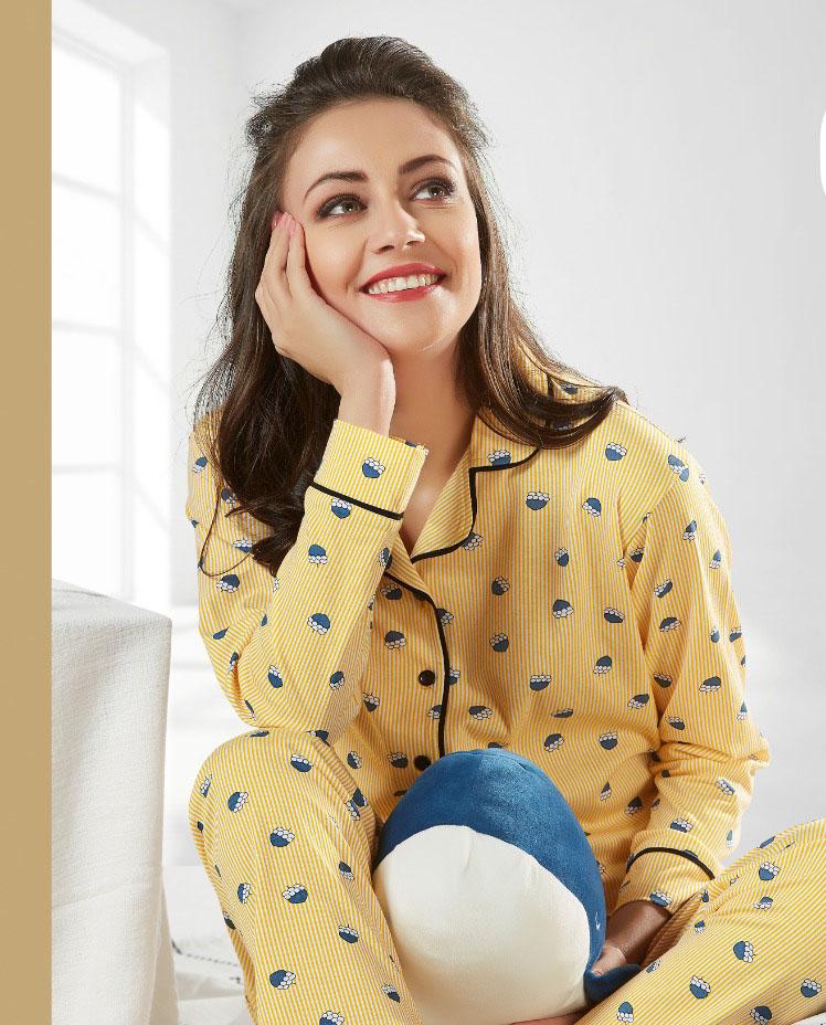 Winter Full Sleeve Yellow Night Suit Pyjama Set for Ladies - Stilento
