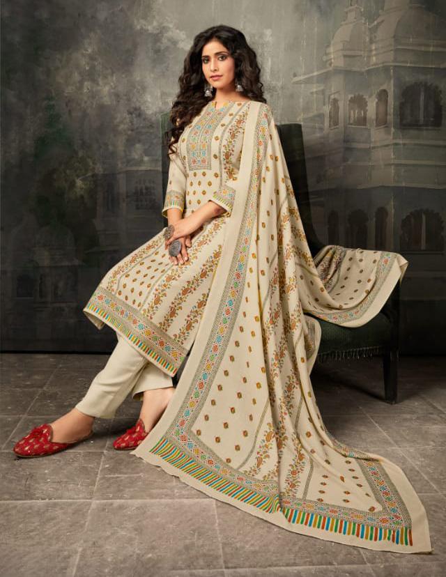 Women Unstitched Winter Woolen Pashmina Off-White Suit Material