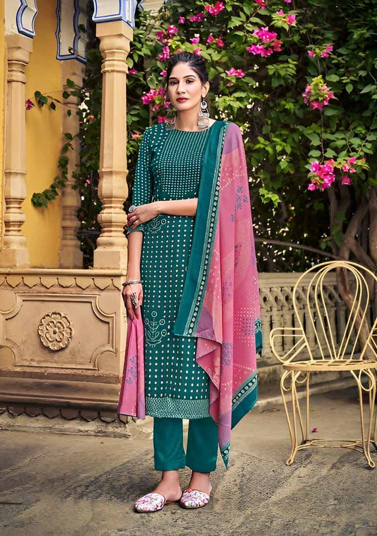 Printed Teal Green Pashmina Unstitched Winter Suits Set