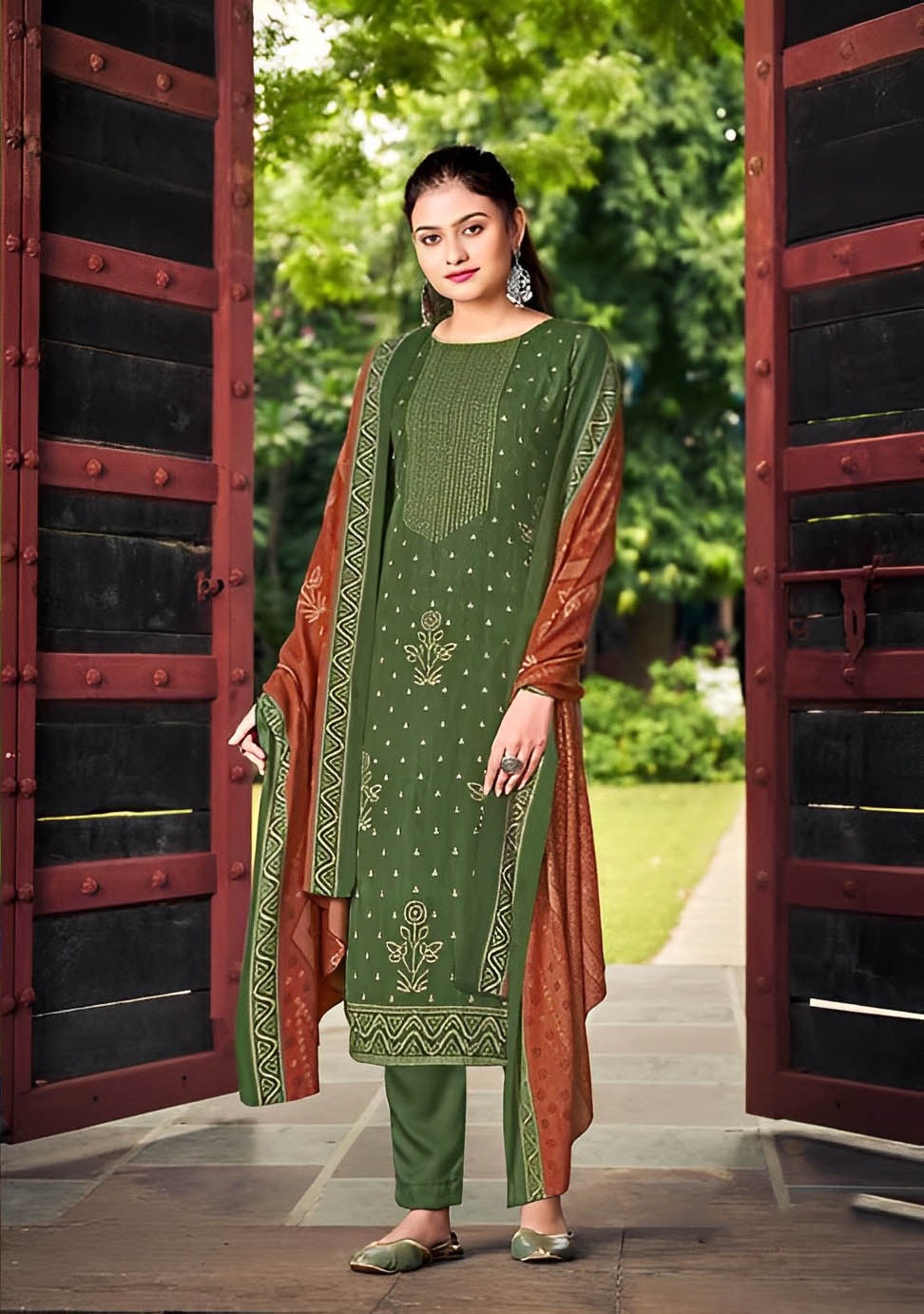 Printed Green Pashmina Unstitched Winter Suits Set - Stilento