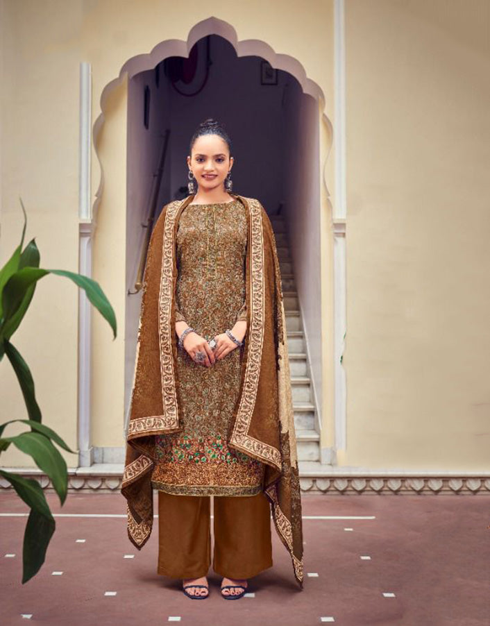 Unstitched Brown Pashmina Winter Suits for Ladies - Stilento