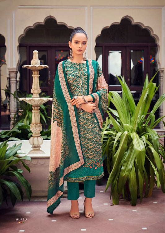 Unstitched Green Pashmina Winter Suits for Ladies