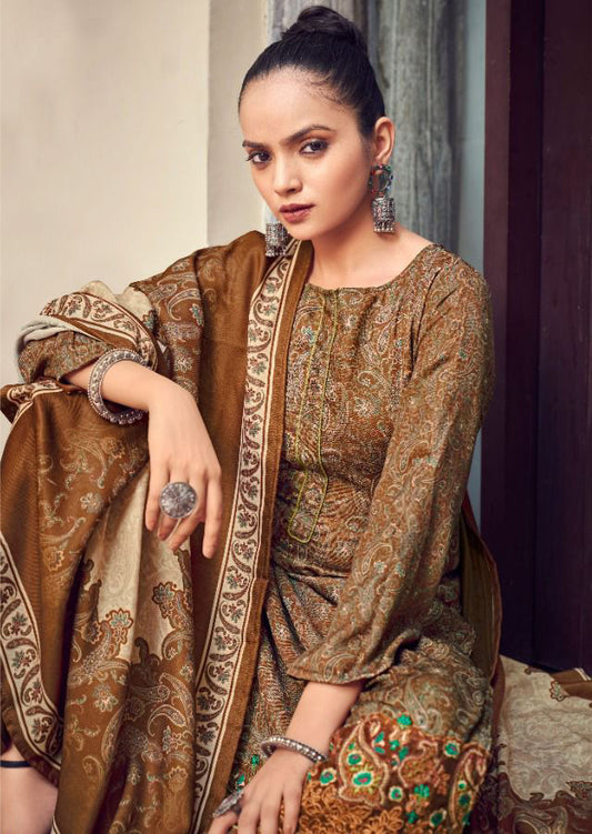Unstitched Brown Pashmina Winter Suits for Ladies - Stilento