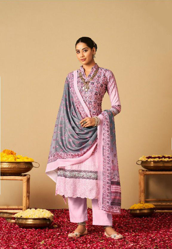 Rayon Pashmina Unstitched Light Pink Winter Printed Suits Set with Embroidery - Stilento