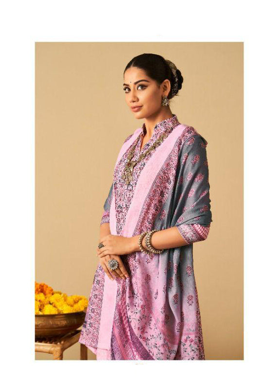 Rayon Pashmina Unstitched Light Pink Winter Printed Suits Set with Embroidery - Stilento