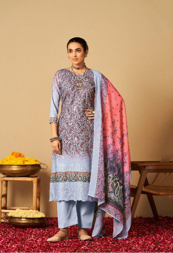 Rayon Pashmina Unstitched Light Blue Winter Printed Suits Set with Embroidery - Stilento