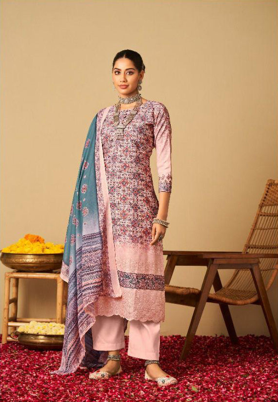 Rayon Pashmina Unstitched Light Peach Winter Printed Suits Set with Embroidery - Stilento