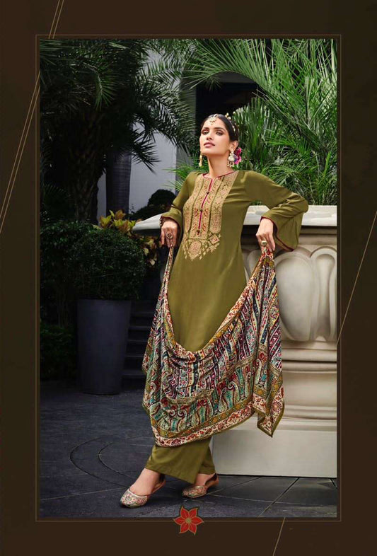 Pure Viscose Pashmina Green Unstitched Winter Suits with Velvet Dupatta - Stilento