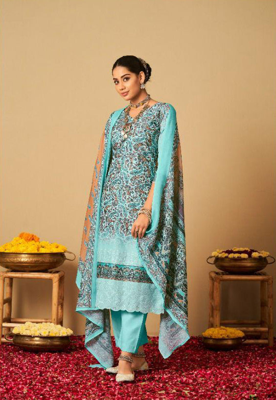 Rayon Pashmina Unstitched Teal Green Winter Printed Suits Set with Embroidery - Stilento