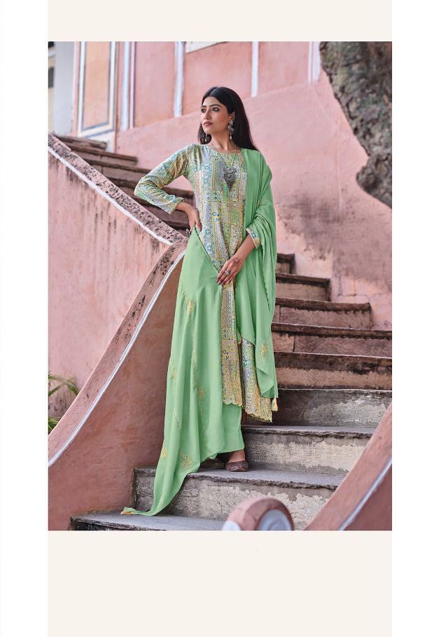 Printed Green Winter Unstitched Pashmina Salwar Suit - Stilento