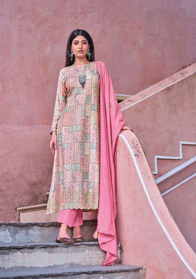 Printed Winter Pink Unstitched Pashmina Salwar Suit - Stilento
