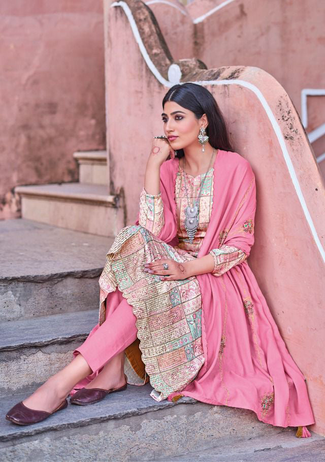 Printed Winter Pink Unstitched Pashmina Salwar Suit - Stilento