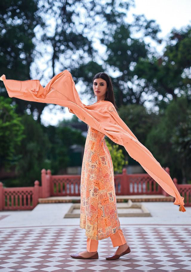 Designer Orange Unstitched Jam Cotton Dress materials For Ladies - Stilento