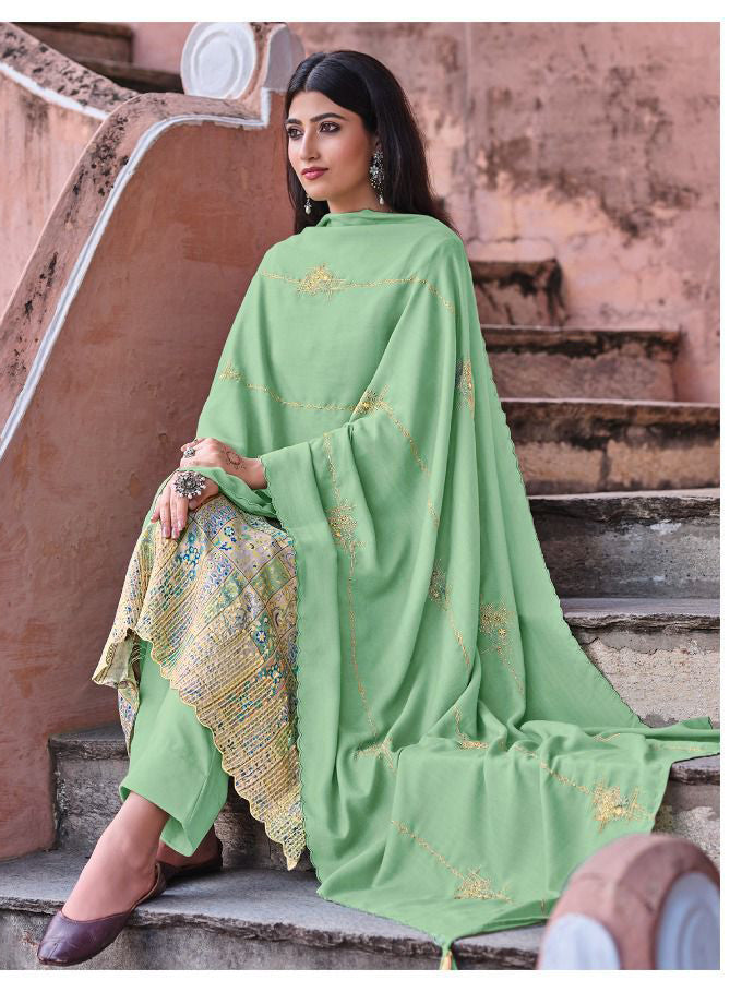 Printed Green Winter Unstitched Pashmina Salwar Suit - Stilento