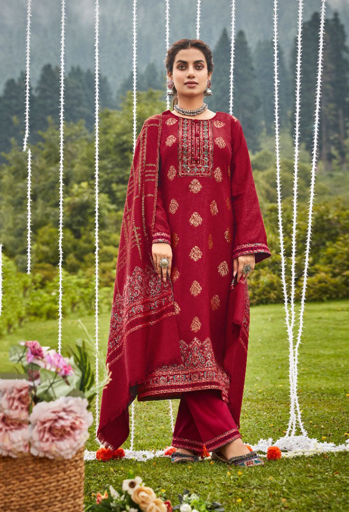 Belliza Wool Pashmina Red Unstitched Winter Suits - Stilento