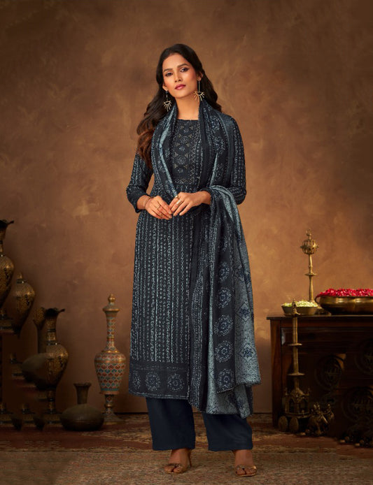 Pure Pashmina Printed Blue Winter Unstitched Salwar Suit - Stilento
