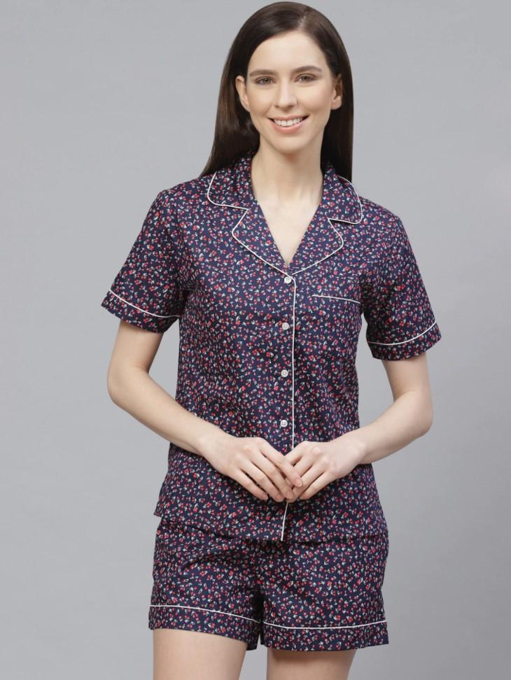 Women Blue Printed Designer Night suit with Shorts