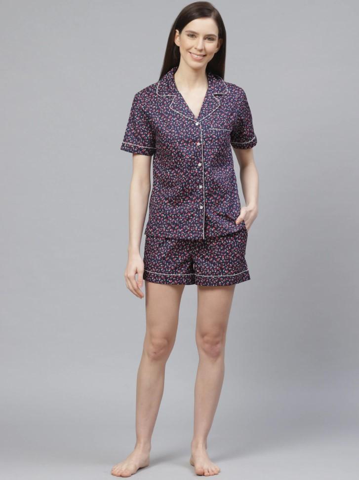 Women Blue Printed Designer Night suit with Shorts