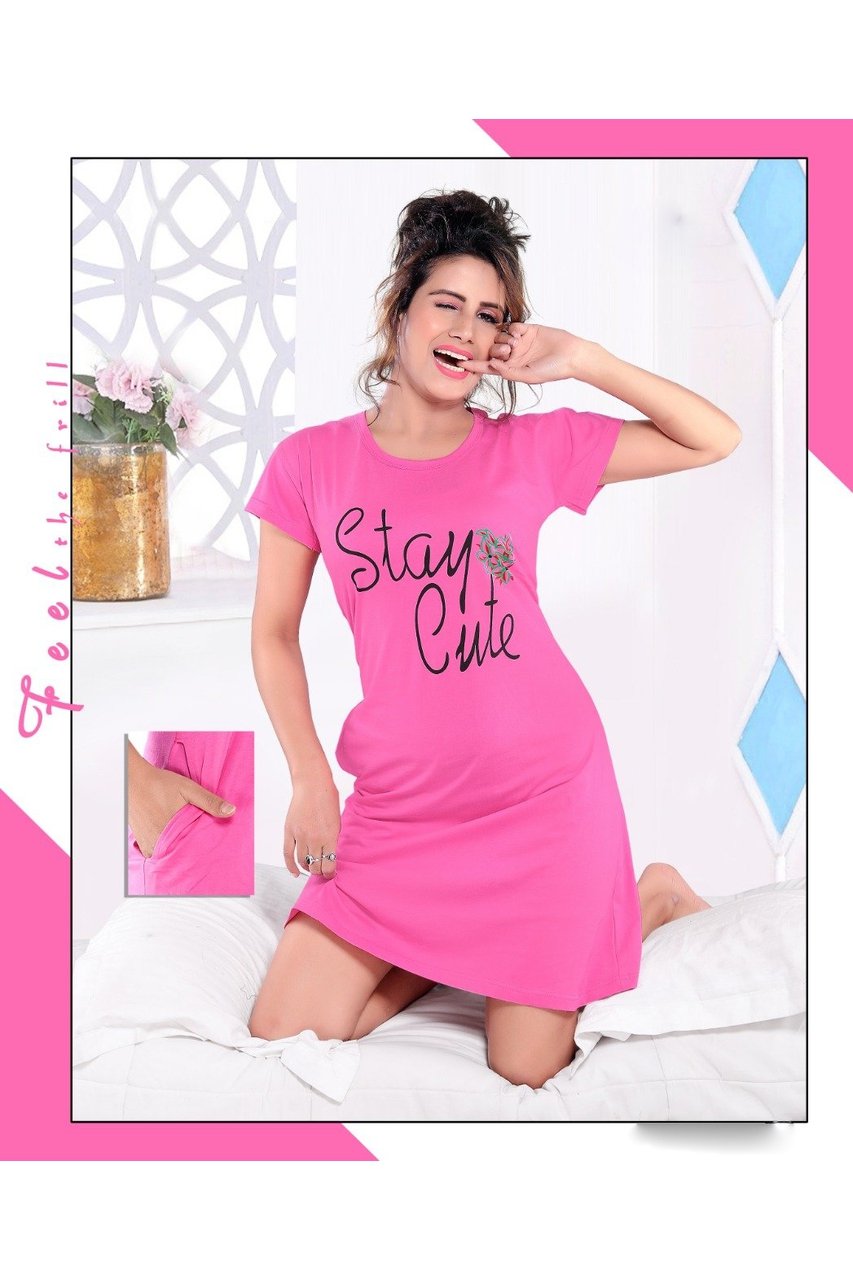 Women Cotton Long Tshirt Pink Nighty - Stilento