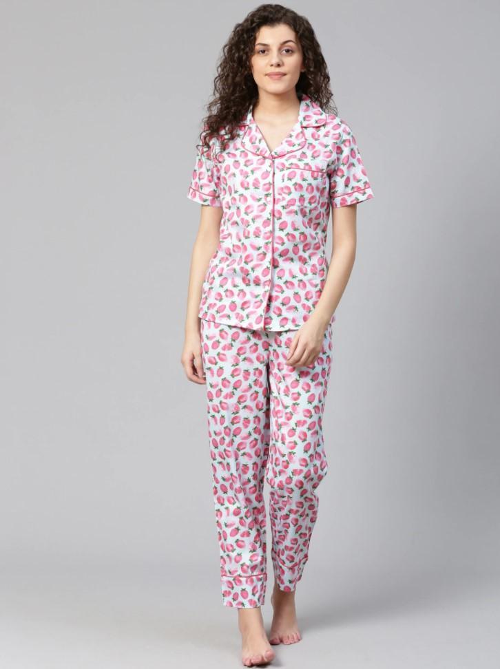 Women Cotton Pink Printed Nightsuit Pyjama sets - Stilento