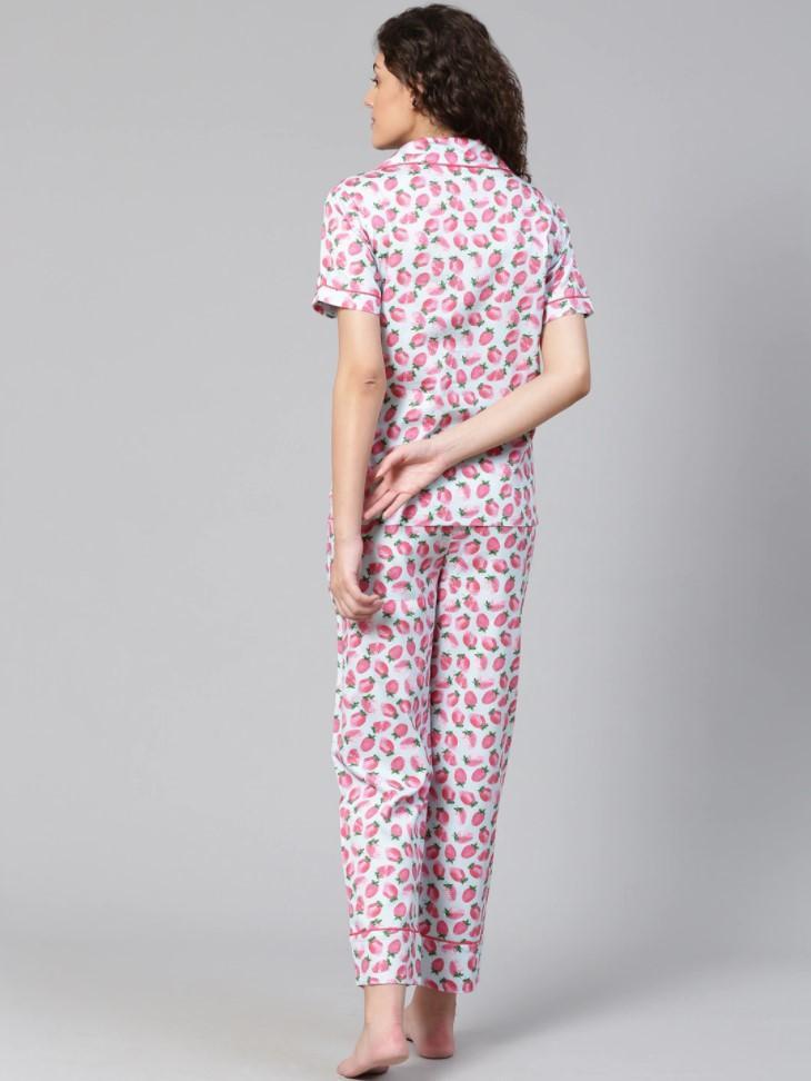 Women Cotton Pink Printed Nightsuit Pyjama sets - Stilento