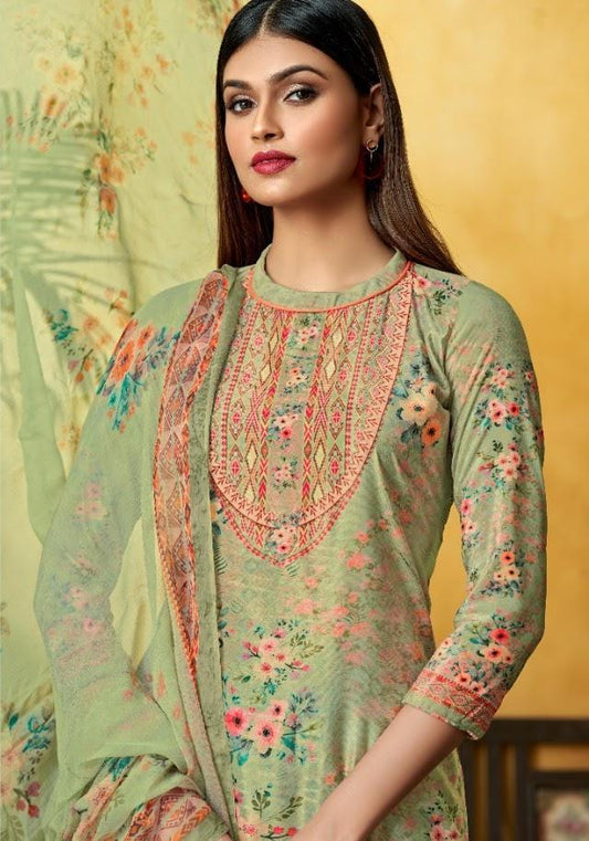 Women Green Printed Swarovski Diamond Work Unstitched Pure Cotton Suits