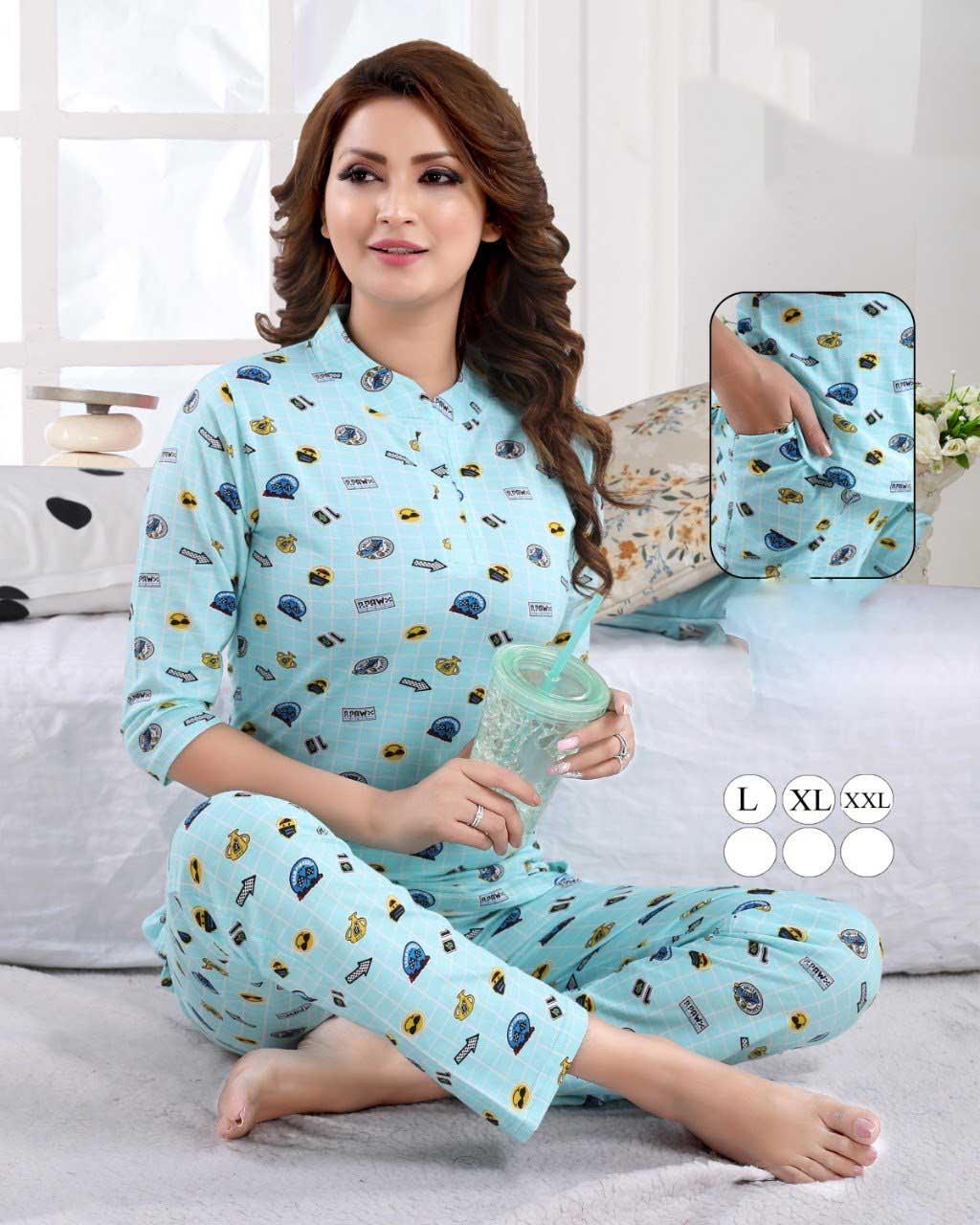 Women Printed Nightwear Cotton Pajama Set Blue - Stilento