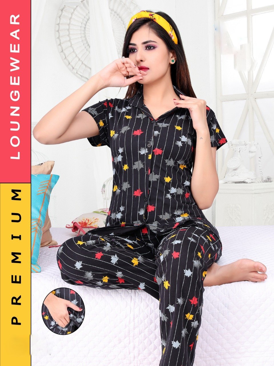 Women's Black Floral Cotton Printed Nigh suit Pajama Set - Stilento