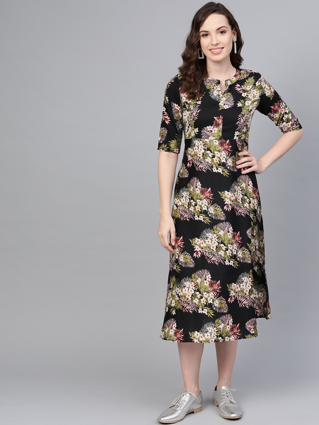 Women's Black Floral Printed Collar Casual long Dress - Stilento