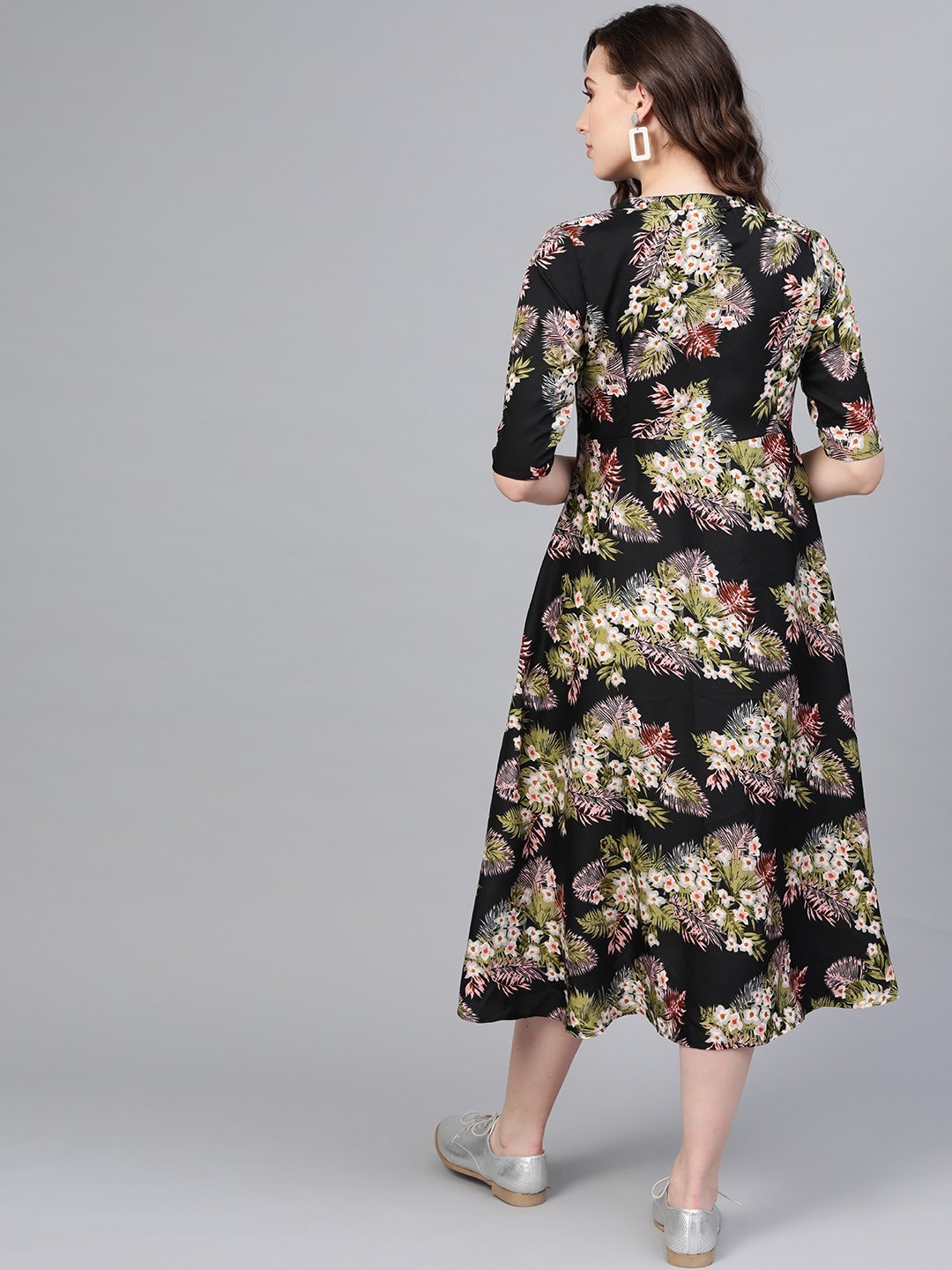 Women's Black Floral Printed Collar Casual long Dress - Stilento