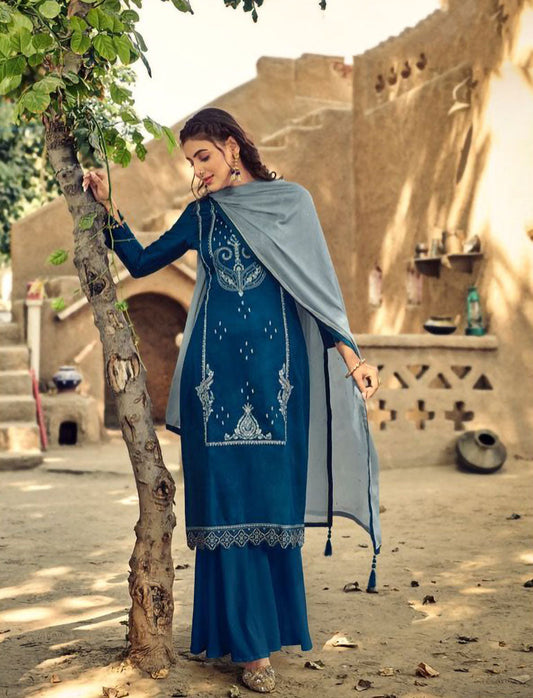 Women's Blue Cotton Unstitched Dress Material Suit Set