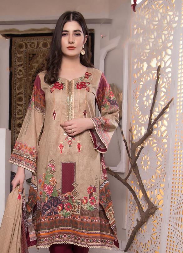 Women's Cotton Brown Pakistani Unstitched Suit Dress Material - Stilento