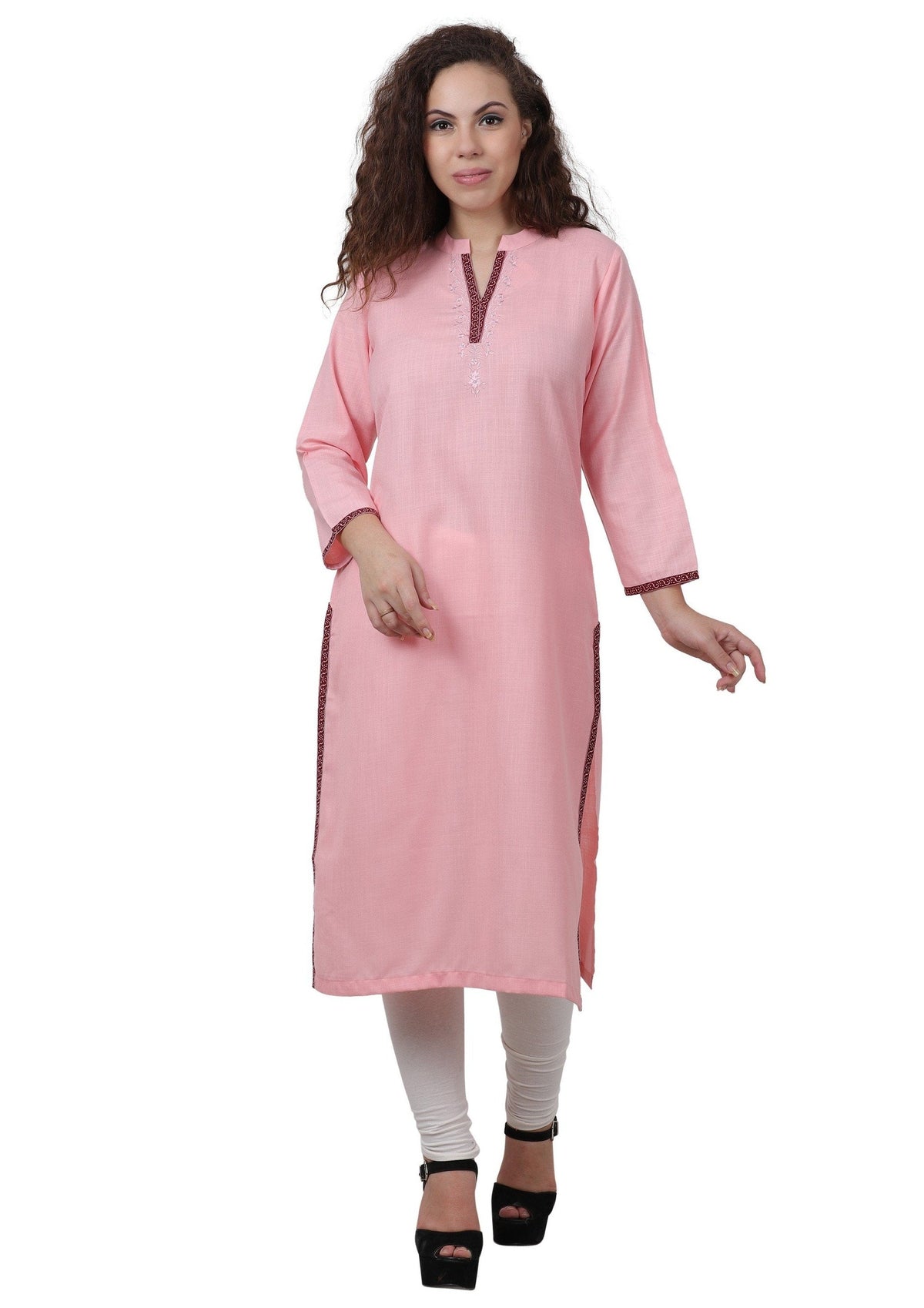 Women's Cotton Embroidered Kurta Pink