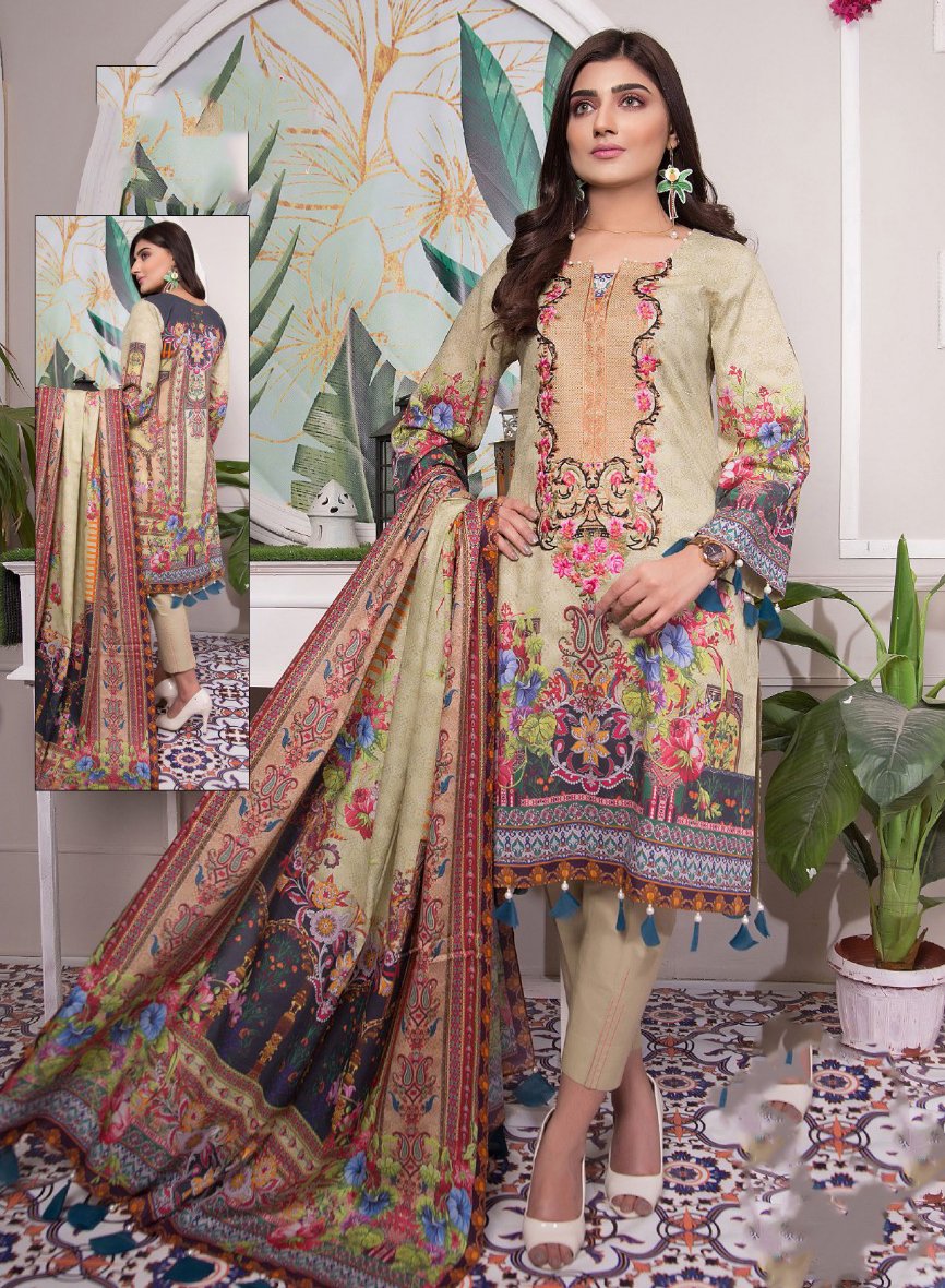 Women's Cotton Light Brown Pakistani Unstitched Suit Dress Material - Stilento