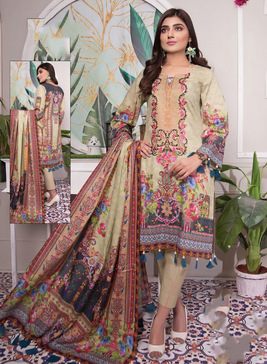 Women's Cotton Light Brown Pakistani Unstitched Suit Dress Material