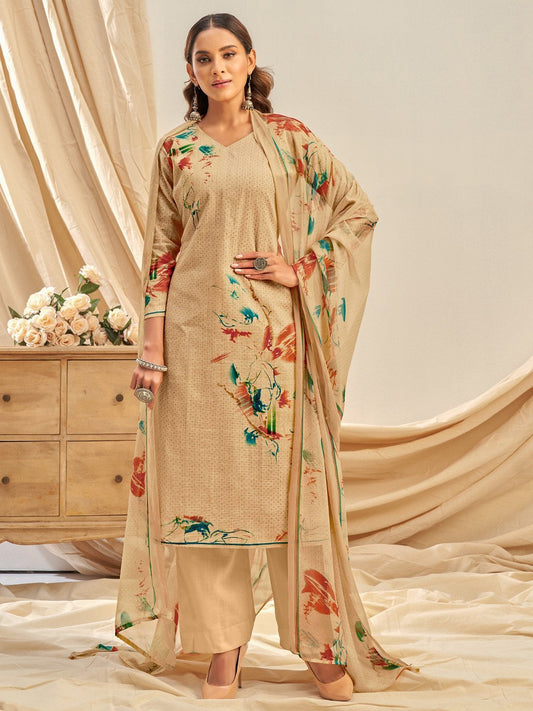 Women's Cotton Linen Brown Unstitched Suit With Chiffon Dupatta