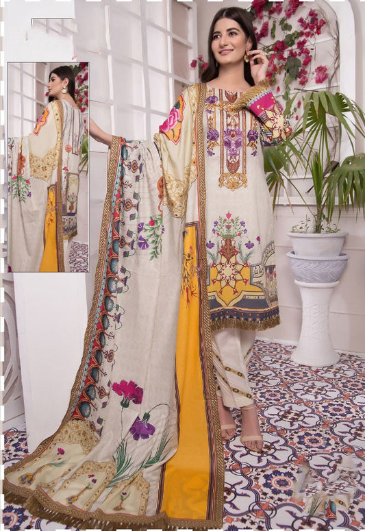 Women's Cotton Off-White Pakistani Unstitched Suit Dress Material