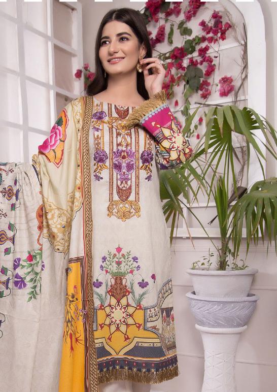 Women's Cotton Off-White Pakistani Unstitched Suit Dress Material - Stilento